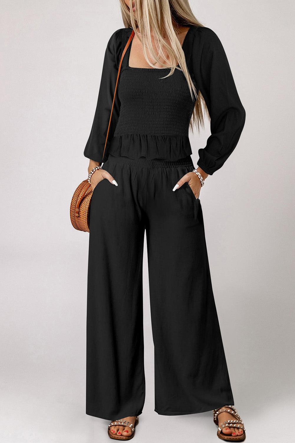 Black Square Neck Smocked Peplum Top and Pants Set - L & M Kee, LLC