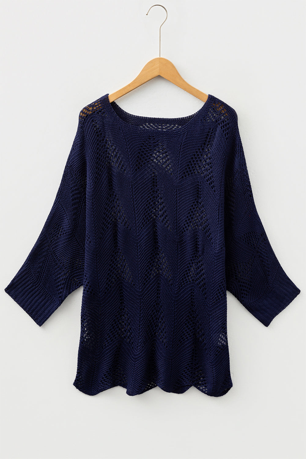 Navy Blue Hollow Out Knit 7/8 Sleeve Casual Sweater