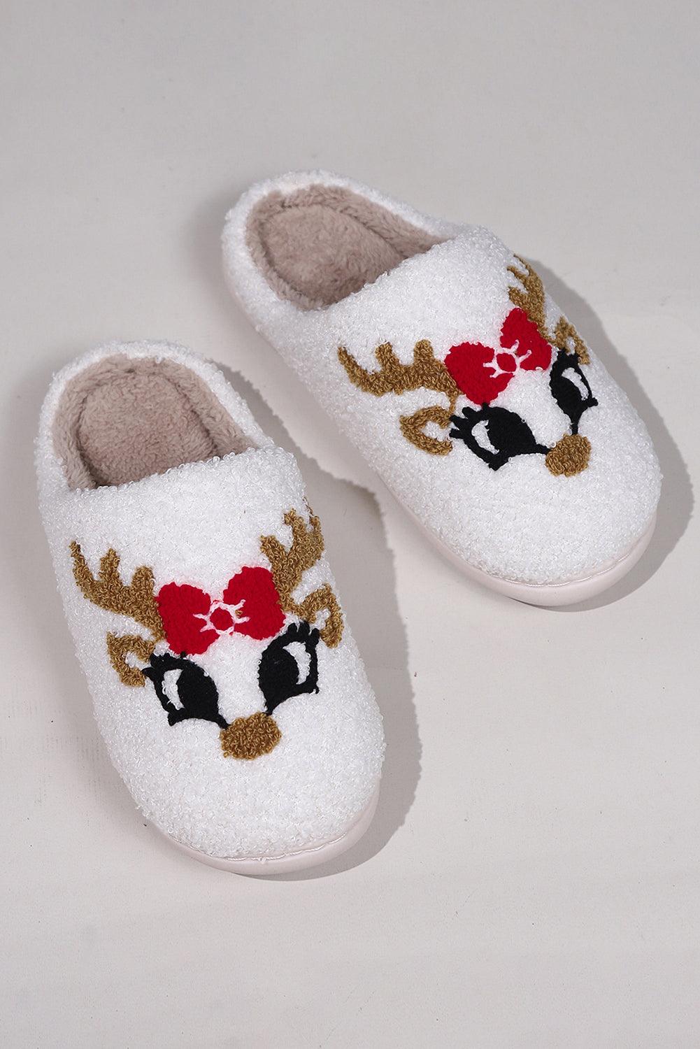 White Christmas Deer Home Indoor Plush Slippers - L & M Kee, LLC