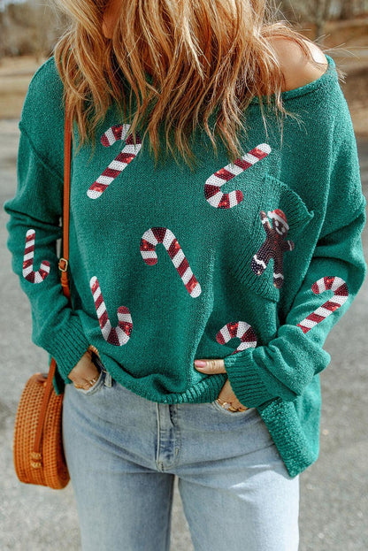 Green Sequined Candy Canes Gingerbread Man Sweater - L & M Kee, LLC