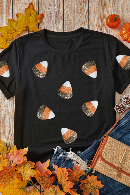 Black Sequin Triangle Patched Pattern Halloween T Shirt