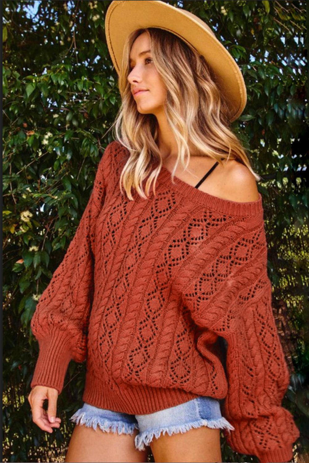 Orange Exquisite Knitted Drop Shoulder Puff Sleeve Sweater - L & M Kee, LLC