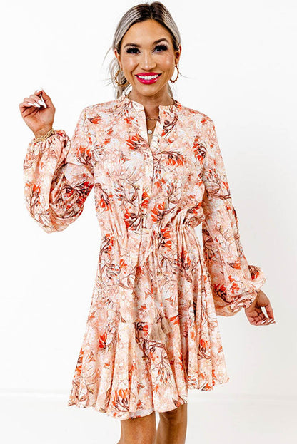 Orange Bubble Sleeve Cinched Waist Floral Dress - L & M Kee, LLC