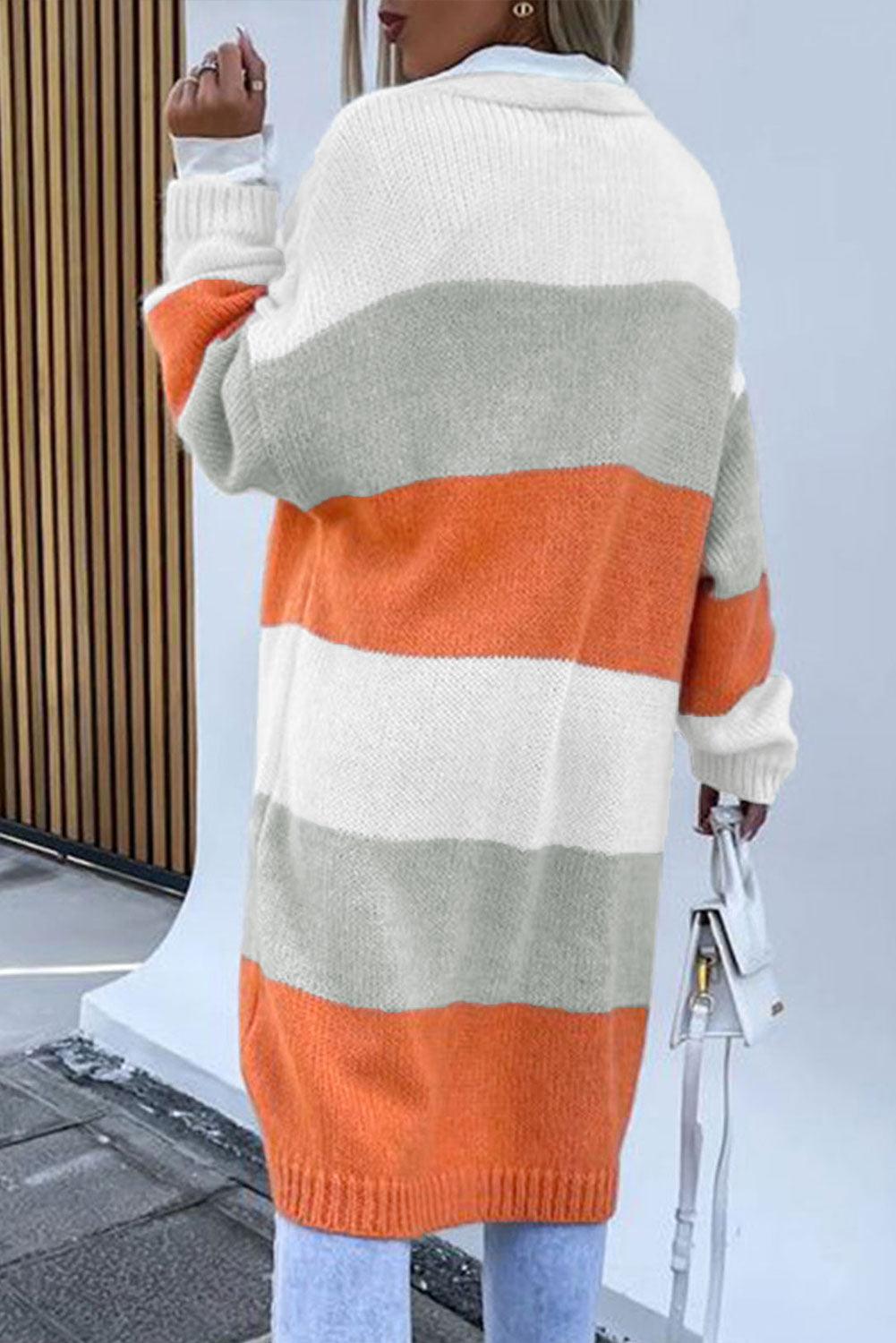 Orange Striped Color Block Drop Shoulder Midi Cardigan - L & M Kee, LLC