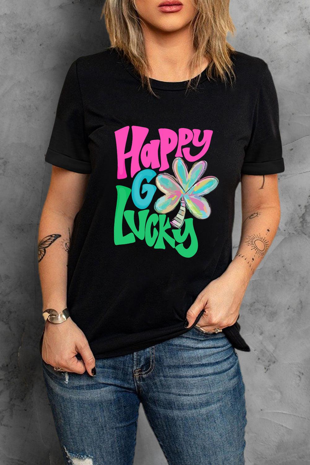 Black Happy GO Lucky Clover Print Crew Neck T Shirt - L & M Kee, LLC