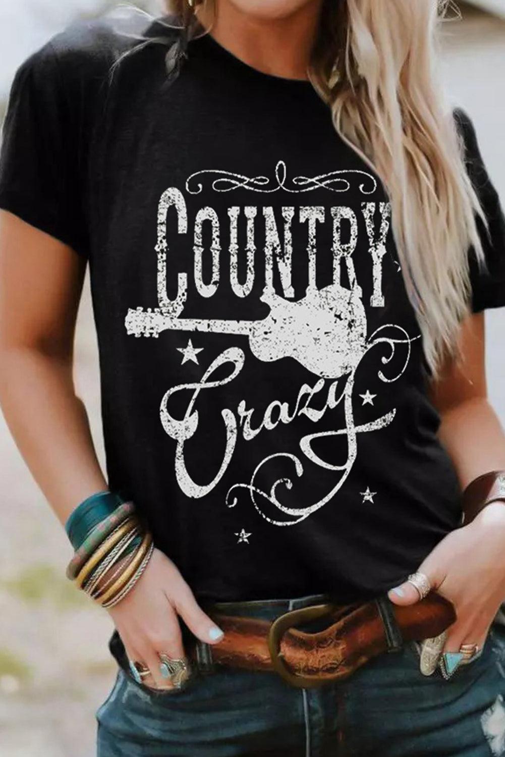 Black Country Music Crazy Print Crew Neck T Shirt - L & M Kee, LLC