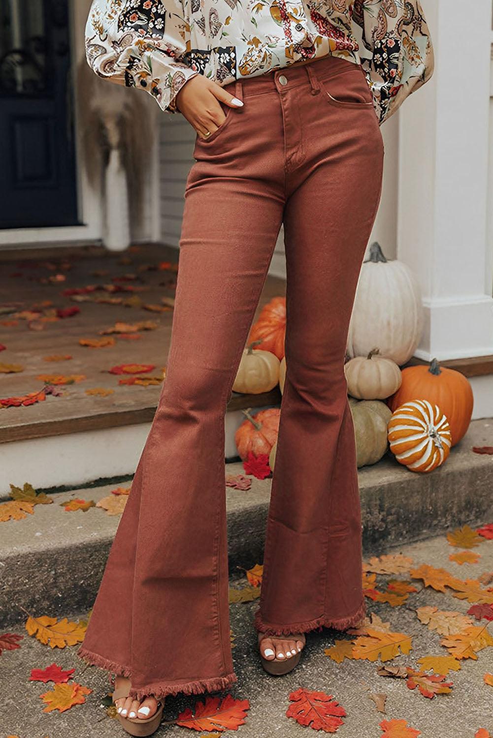 High Waist Raw Hem Flare Jeans - L & M Kee, LLC