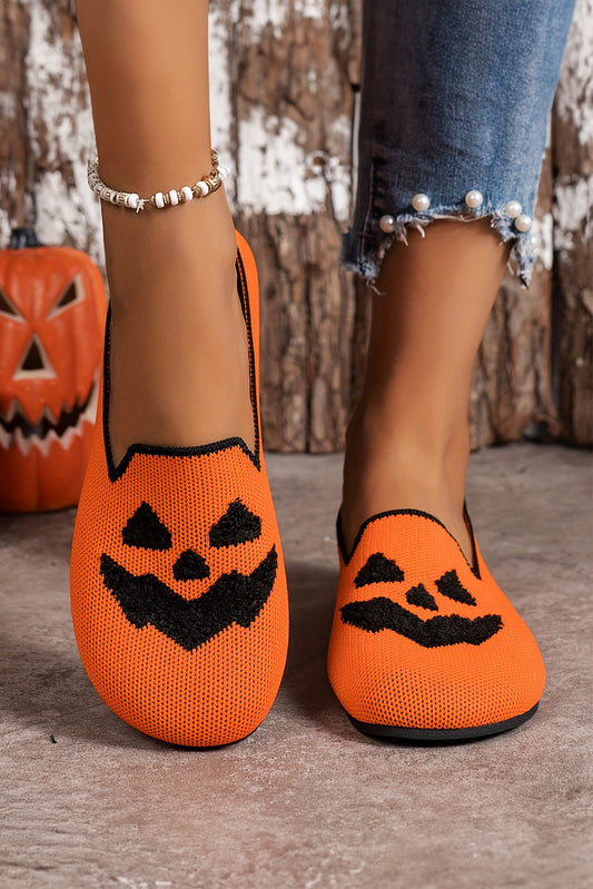 Orange Halloween Pumpkin Face Slip On Flats