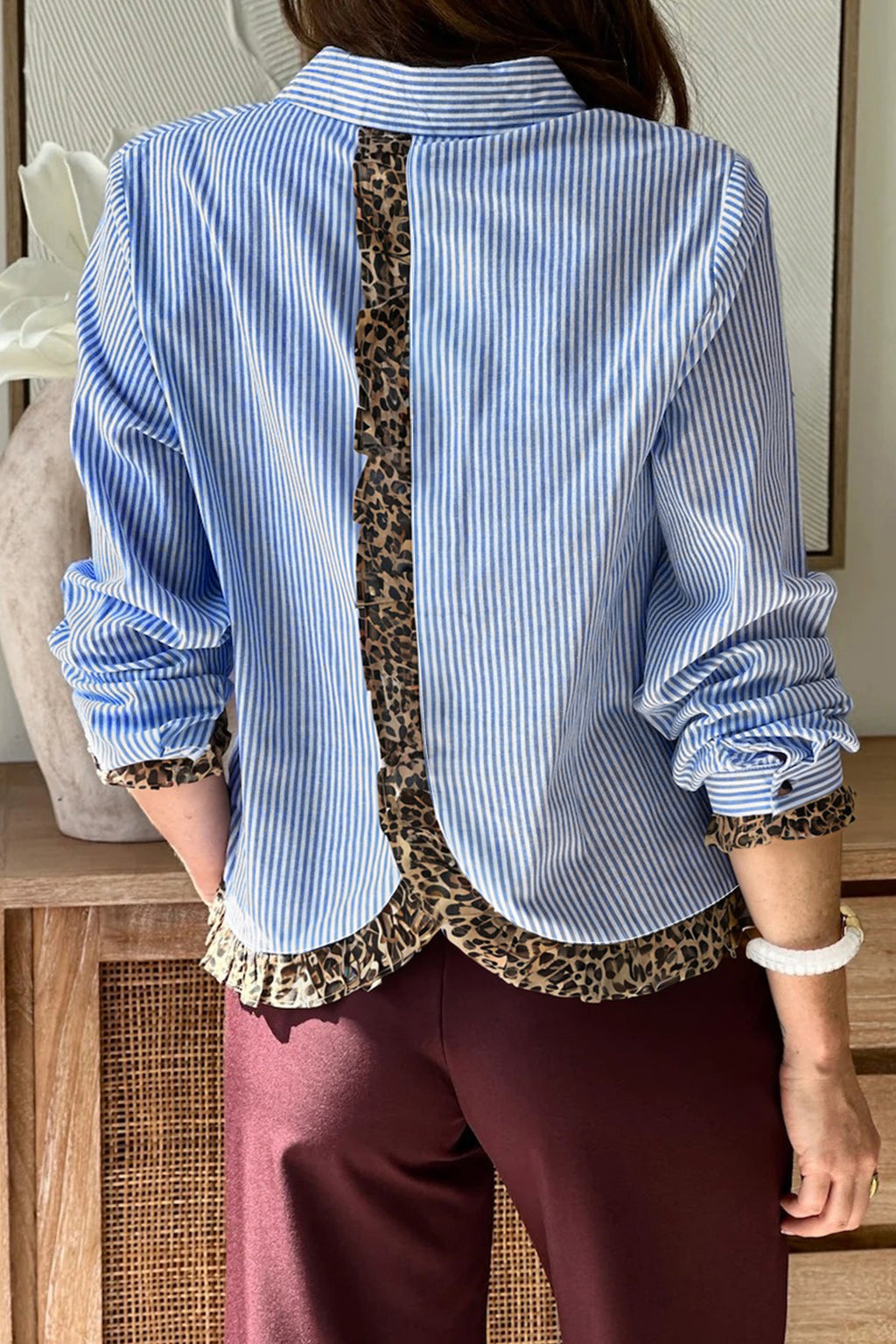 Sky Blue Stripe Contrast Frilled Leopard Trim Casual Long Sleeve Shirt