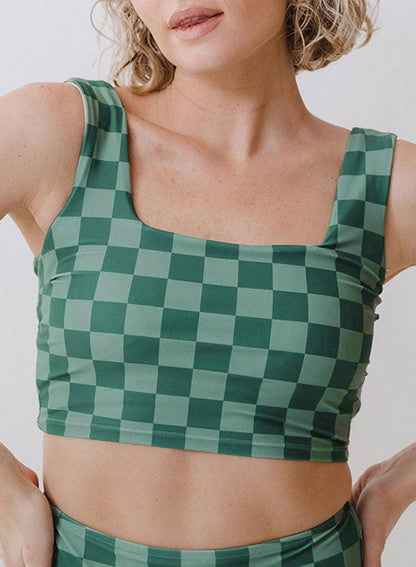 Green Checkered Print Square Neck Cropped Swim Top - L & M Kee, LLC