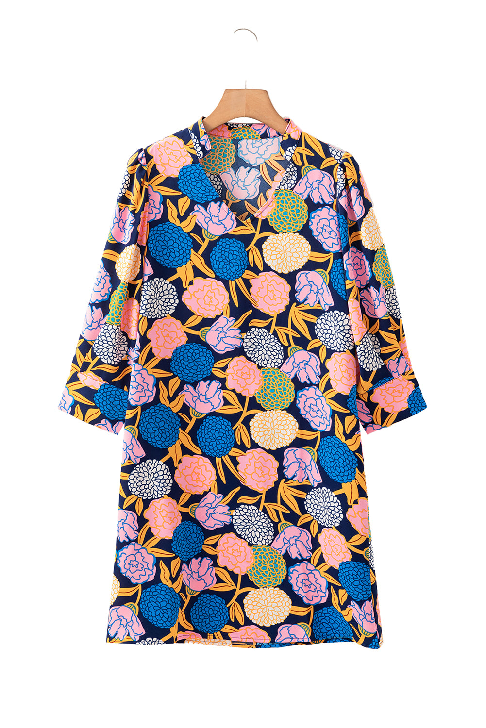 Navy Blue Hydrangea Floral Print Bishop Sleeve V Neck Shift Dress