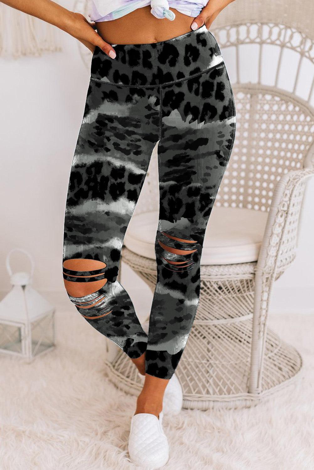 Leopard Animal Print Ripped Knee Leggings - L & M Kee, LLC