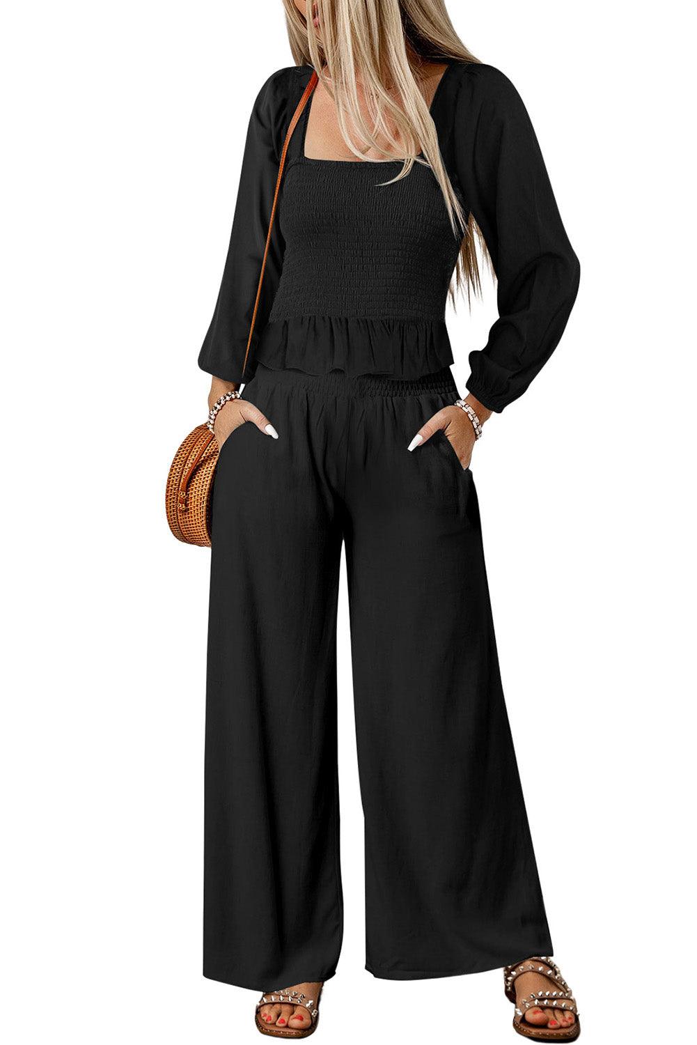 Black Square Neck Smocked Peplum Top and Pants Set - L & M Kee, LLC