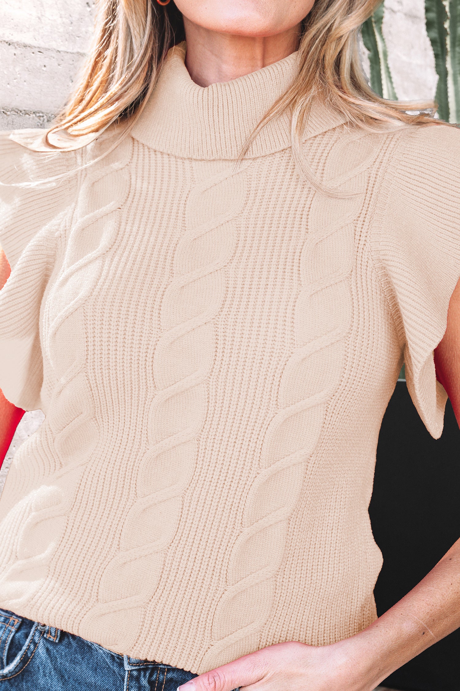 Jet Stream Cable Knit Turtleneck Ruffled Short Sleeve Sweater