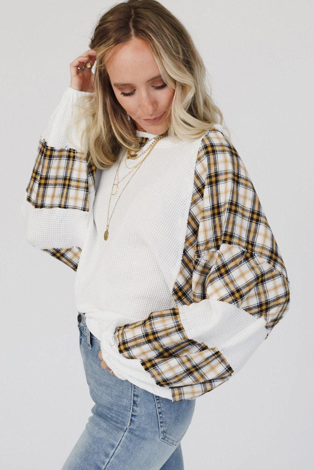 Green Plaid Patch Waffle Knit Exposed Seam Bubble Sleeve Top - L & M Kee, LLC