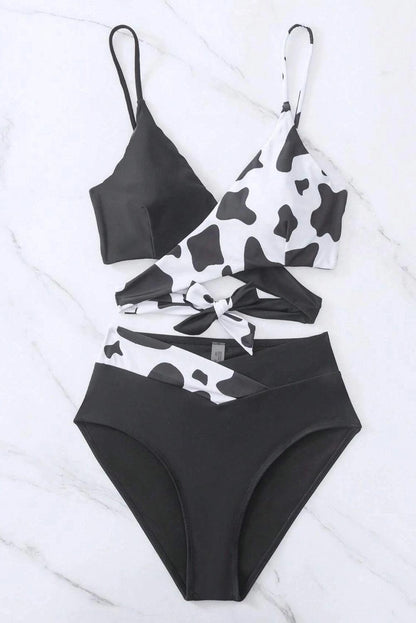 Black Contrast Cow Pattern Crossed Bikini - L & M Kee, LLC