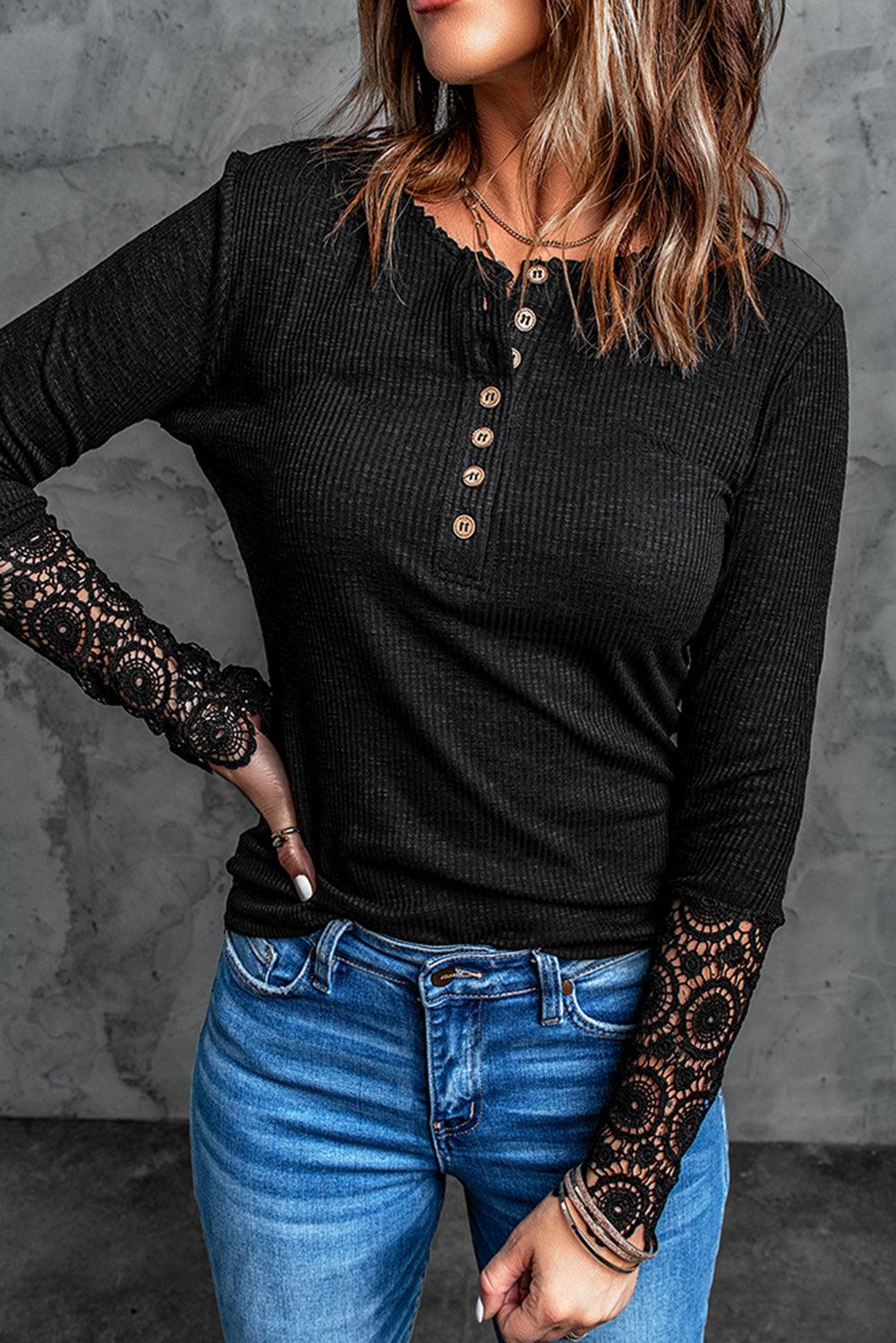 Black Crochet Lace Hem Sleeve Button Top - L & M Kee, LLC