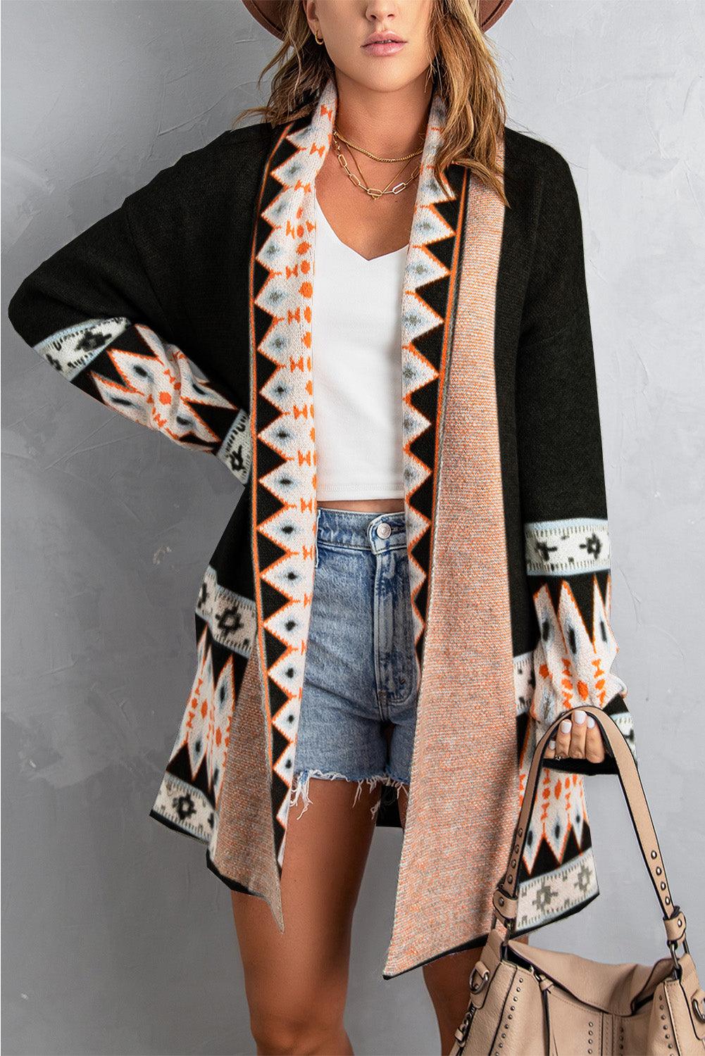 Black Aztec Print Open Front Knitted Cardigan - L & M Kee, LLC