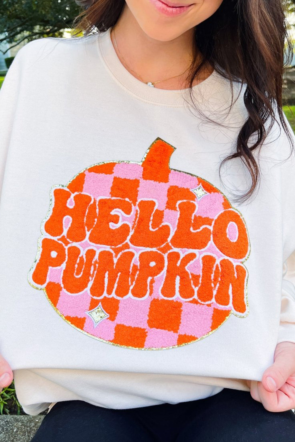 White Terry Halloween Pumpkin Patched Pattern Pullover Sweatshirt