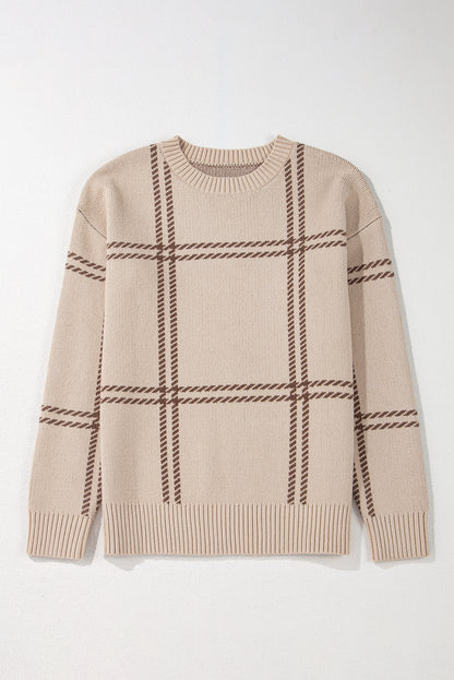 Pink Plaid Pattern Knitted Drop Shoulder Sweater