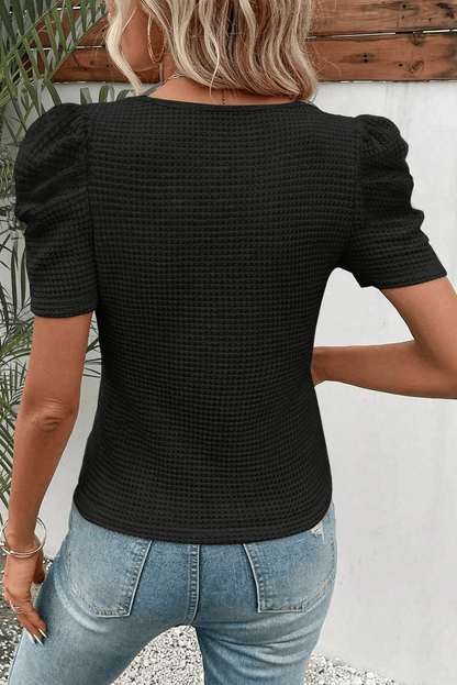 Black Waffle Knit Ruched Puff Sleeve Top - L & M Kee, LLC