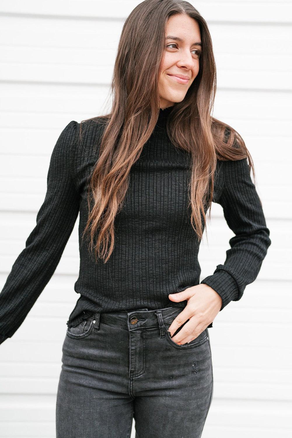 Black Solid Color Ruffled High Neck Long Sleeve Top - L & M Kee, LLC