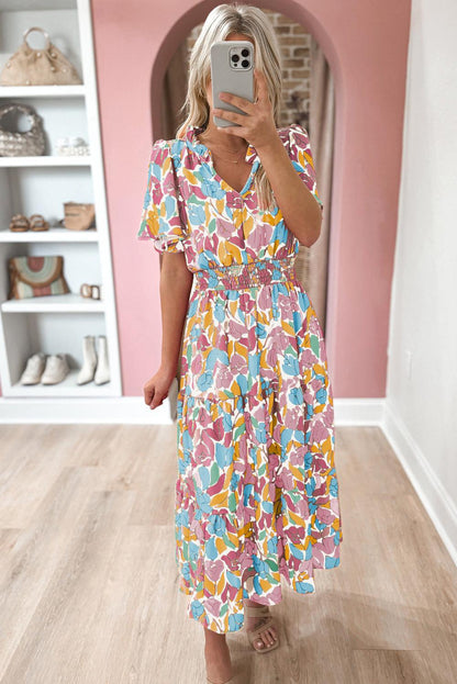 Pink Floral Short Sleeve Smocked Waist Maxi Dress - L & M Kee, LLC