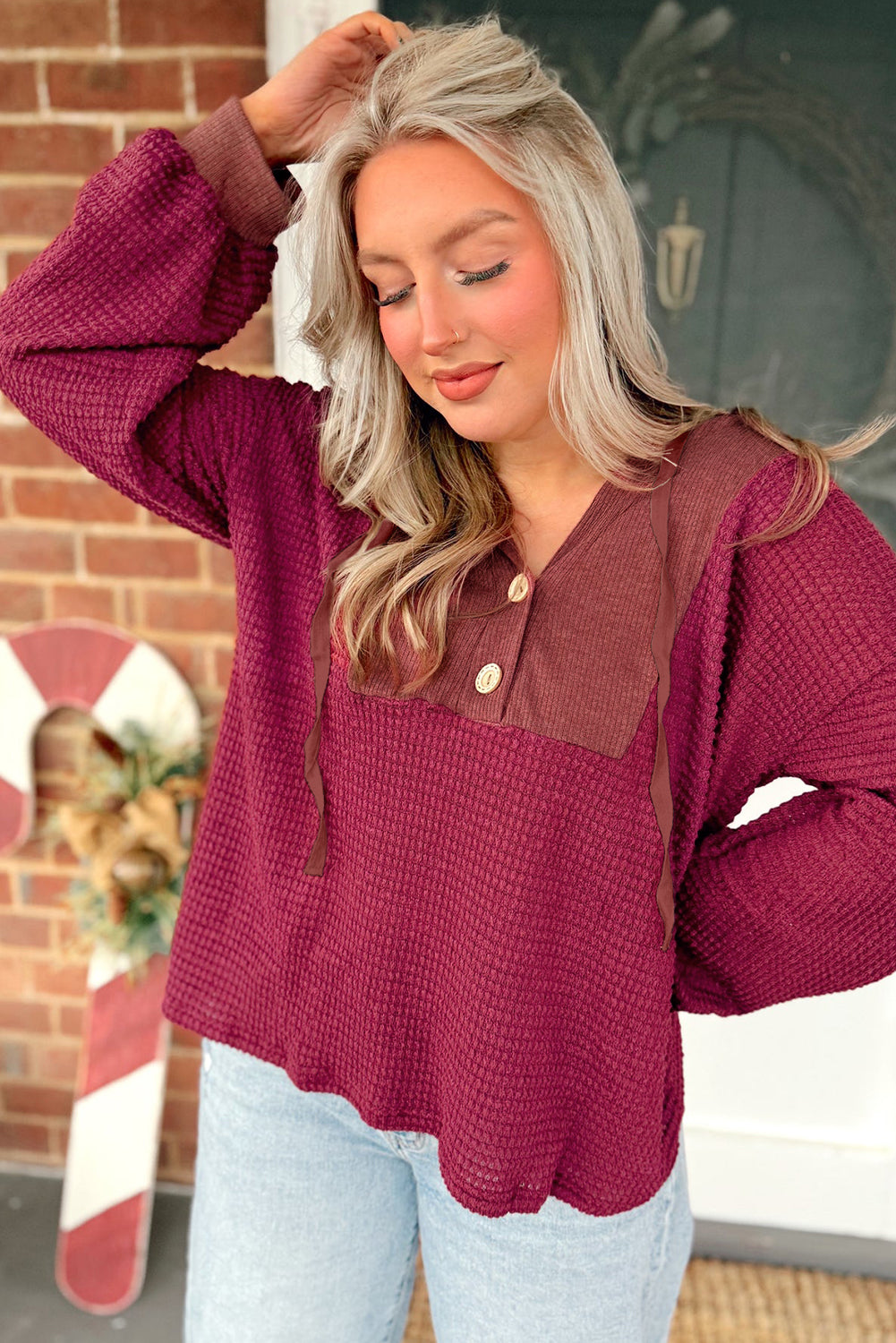 Oatmeal Waffle Patchwork Drop Shoulder Hooded Long Sleeve Top