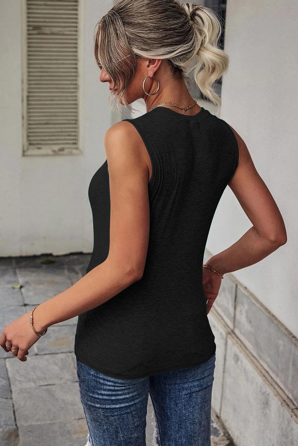 Rib Knit Cut-out Front Twist Tank Top - L & M Kee, LLC