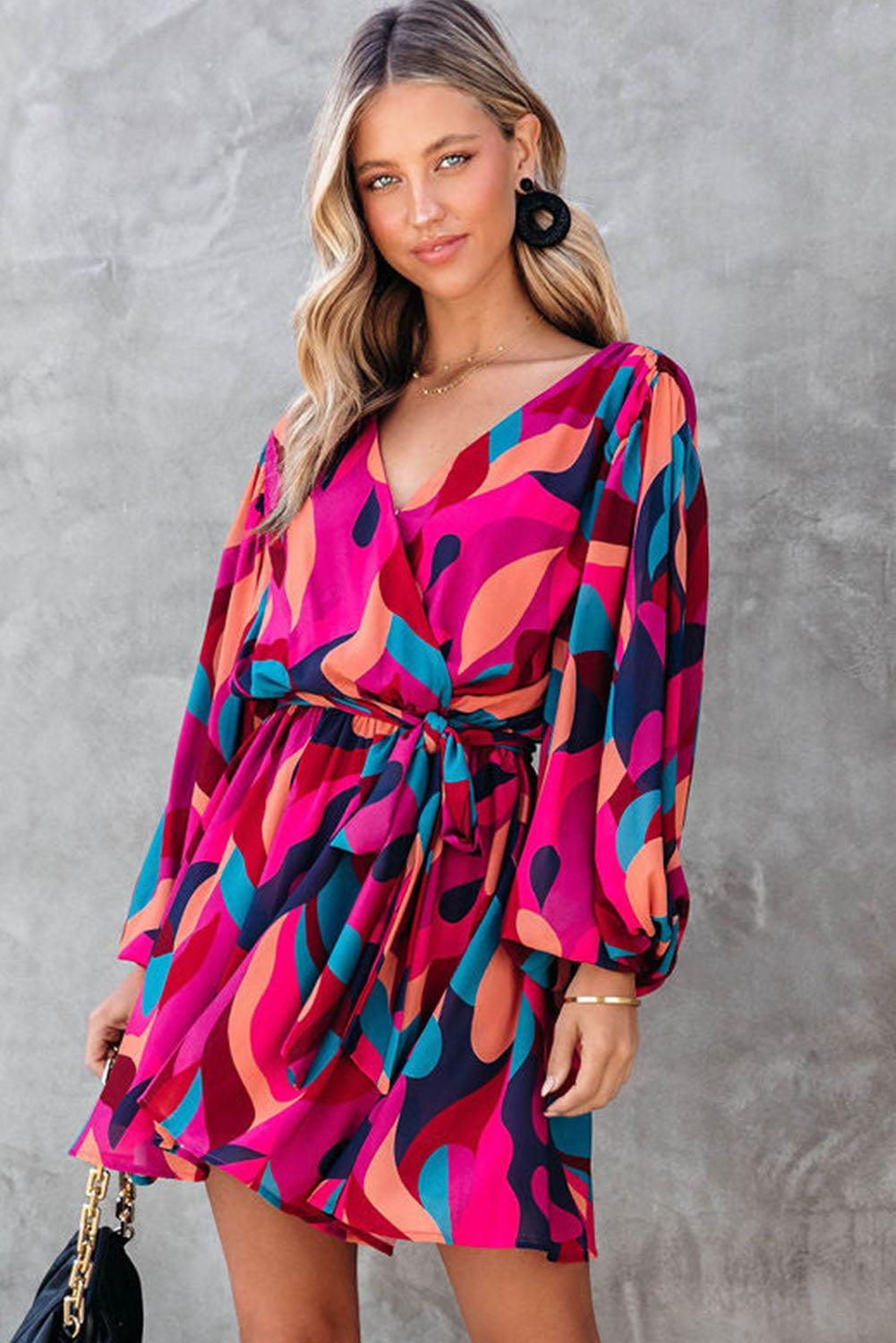 Abstract Printed Belted Puff Sleeve Mini Dress - L & M Kee, LLC