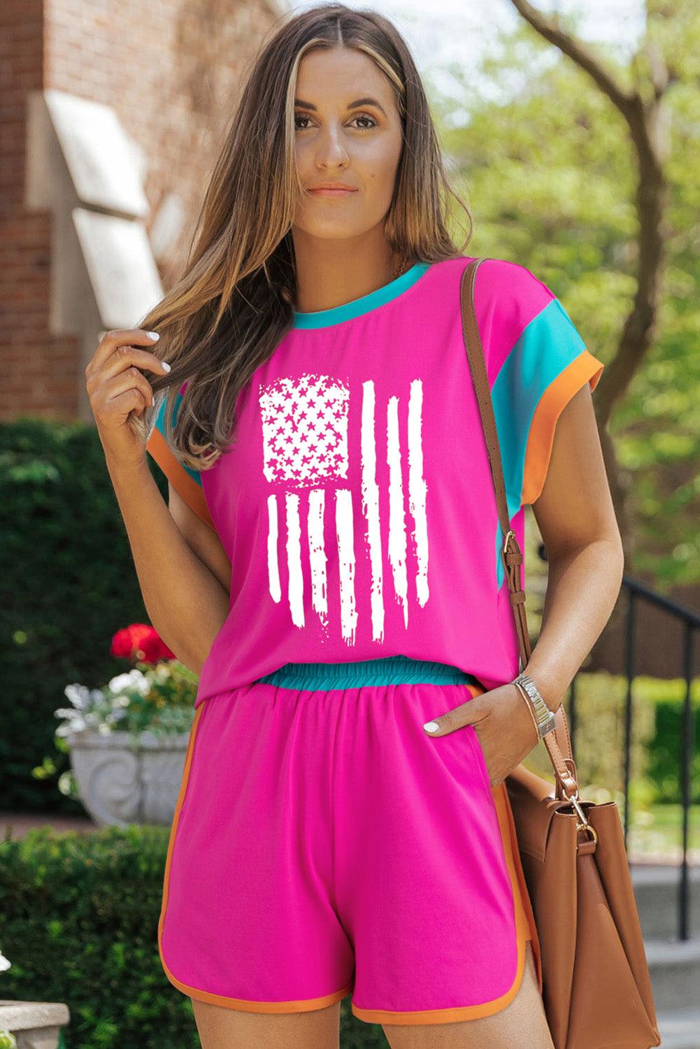 Rose Red Color Block USA Flag Print Loose Fit Two Piece Shorts Set - L & M Kee, LLC