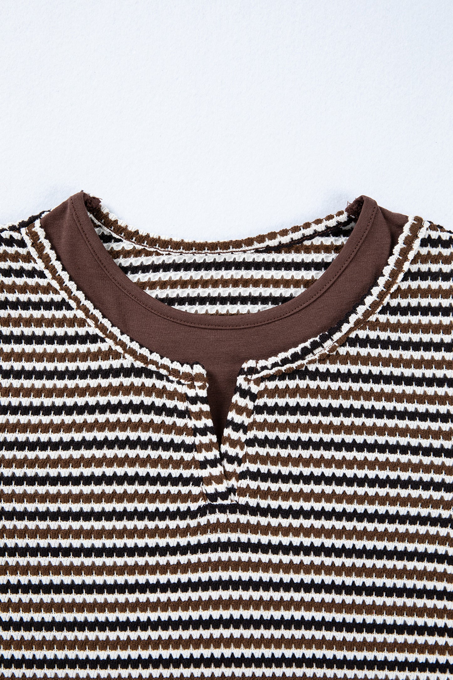 Brown Faux Two Piece Textured Striped Round Neck Long Sleeve T Shirt