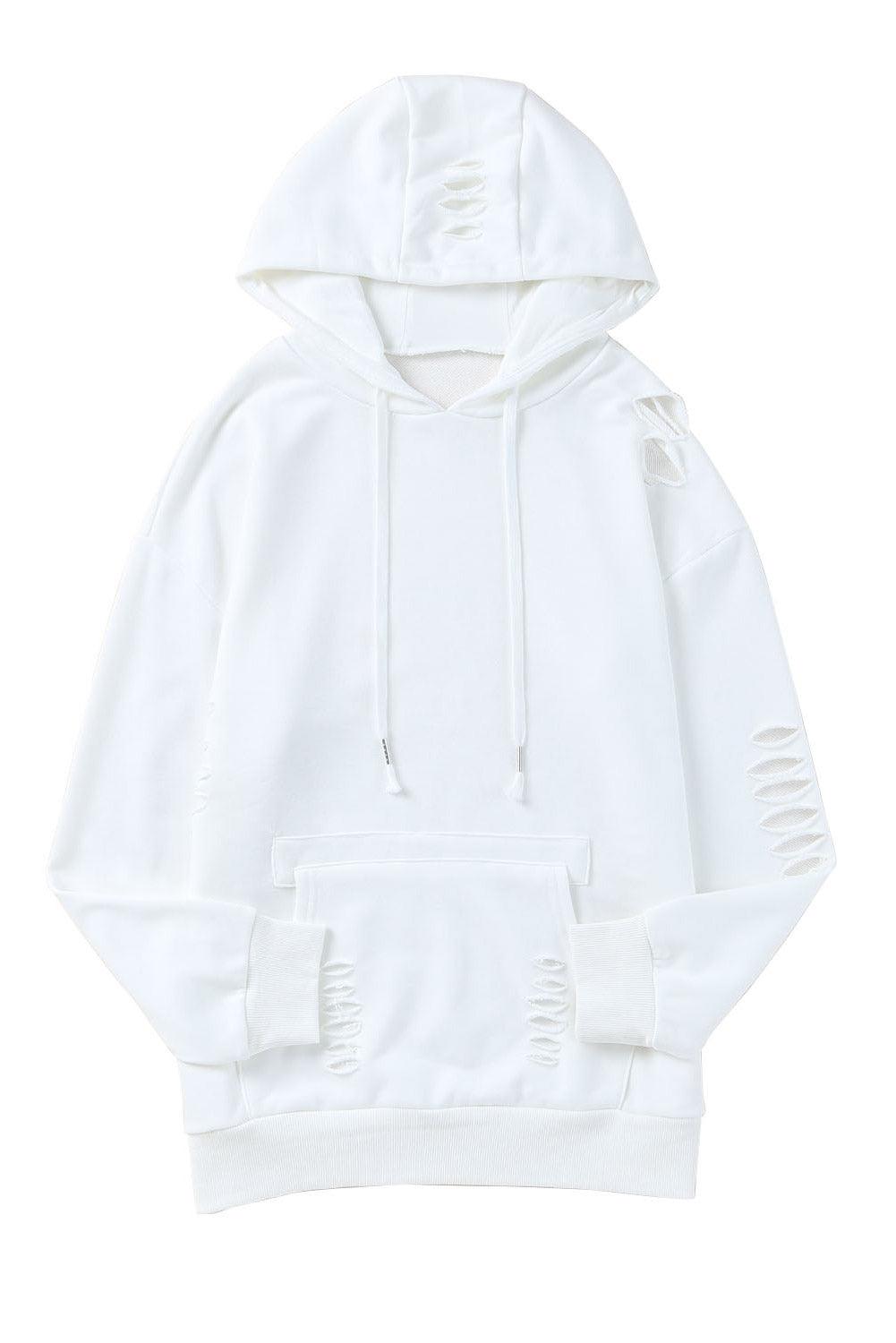 White Solid Ripped Hooded Sweatshirt with Kangaroo Pocket - L & M Kee, LLC