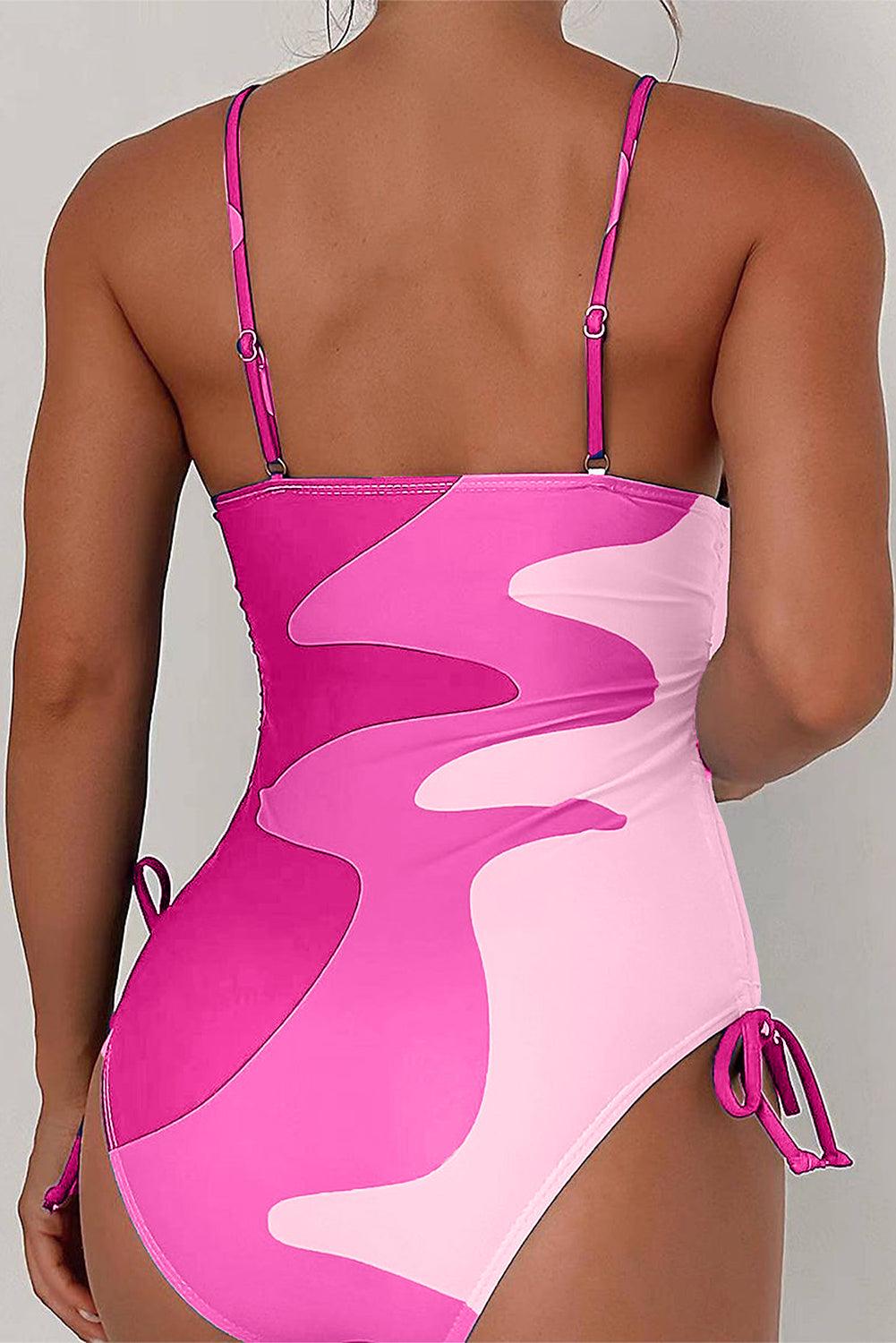 Rose Printed Color Block Drawstring Sides One Piece Swimsuit - L & M Kee, LLC