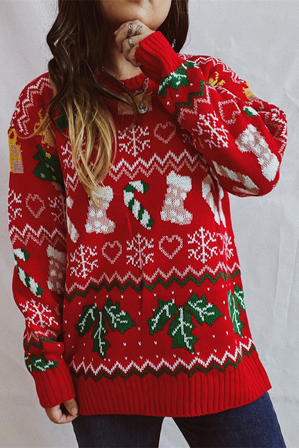 Fiery Red Christmas Pattern Drop Shoulder Knitted Sweater