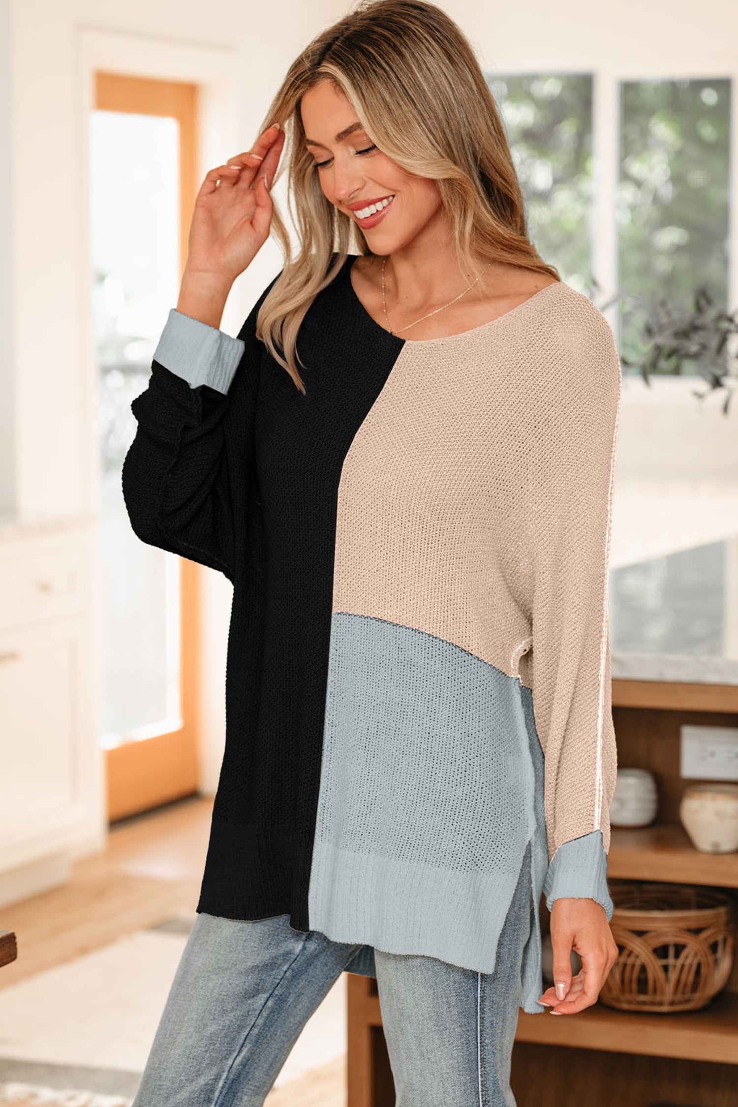 Chestnut Color Block Knit V Neck Loose Sweater