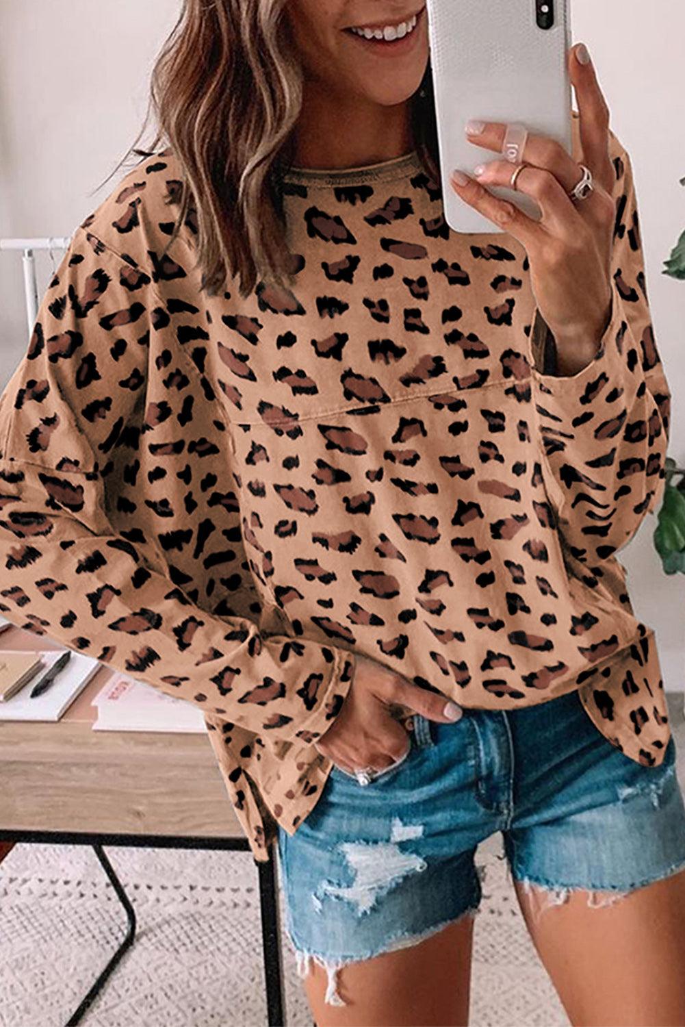 Leopard Animal Print Stitching Loose Long Sleeve Top - L & M Kee, LLC