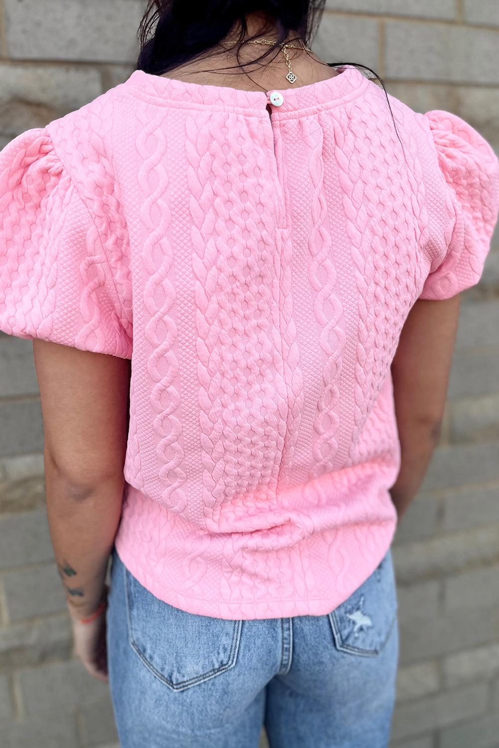 Pink Textured Puff Sleeve T Shirt - L & M Kee, LLC
