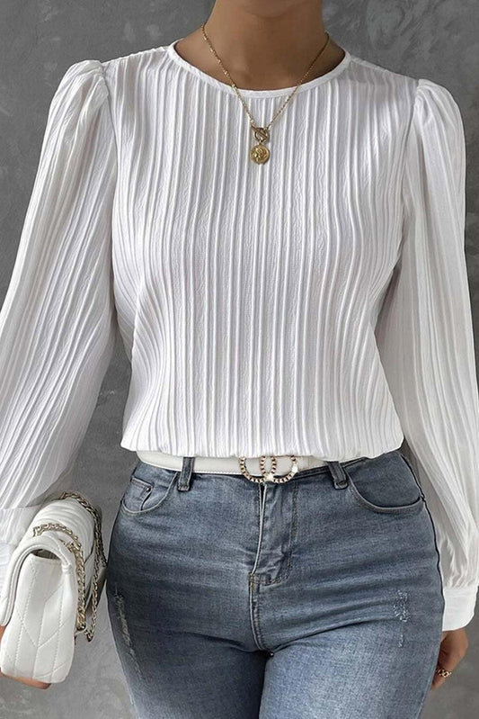 White Ribbed Crewneck Puff Long Sleeve Top - L & M Kee, LLC