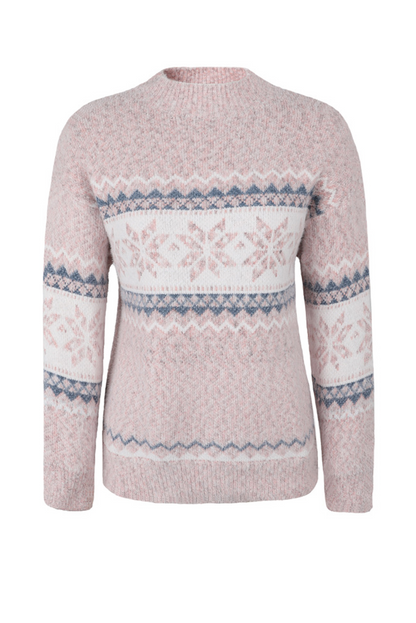 Light Pink Retro Snowflake Pattern Mock Neck Fuzzy Sweater