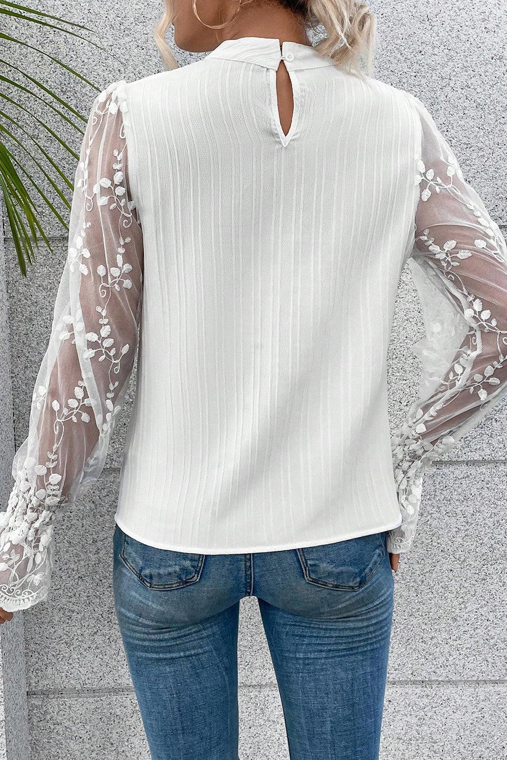 White Contrast Lace Sleeve Mock Neck Textured Blouse - L & M Kee, LLC