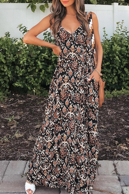 Black Boho Retro Printed Spaghetti Strap V Neck Maxi Dress - L & M Kee, LLC