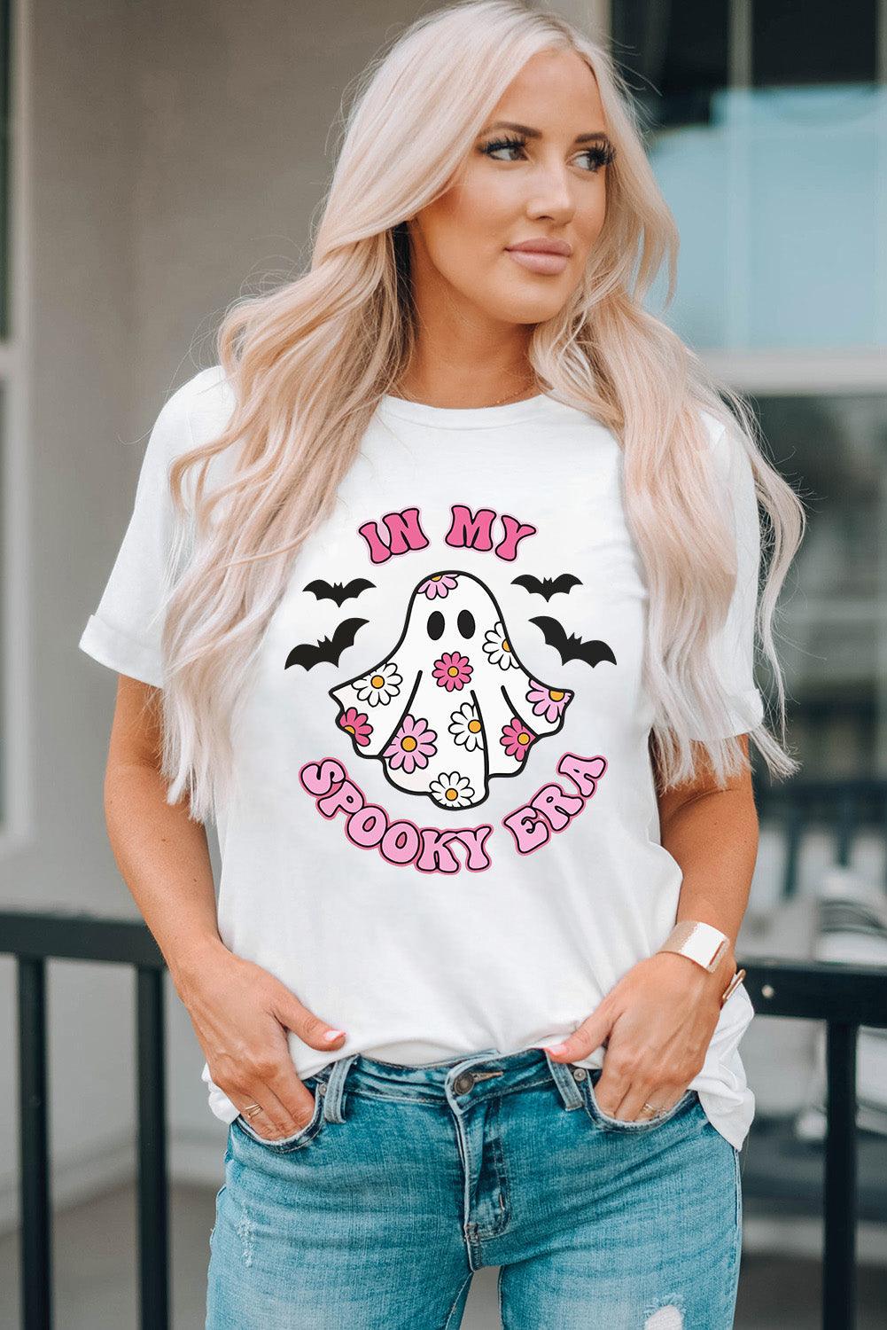 White IN MY SPOOKY ERA Halloween Ghost Graphic Tee - L & M Kee, LLC