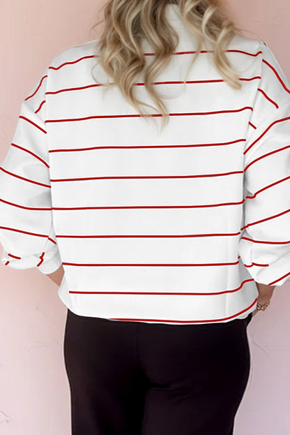 Fiery Red Zip V Neck Casual Stripe Print Drop Shoulder Long Sleeve Top
