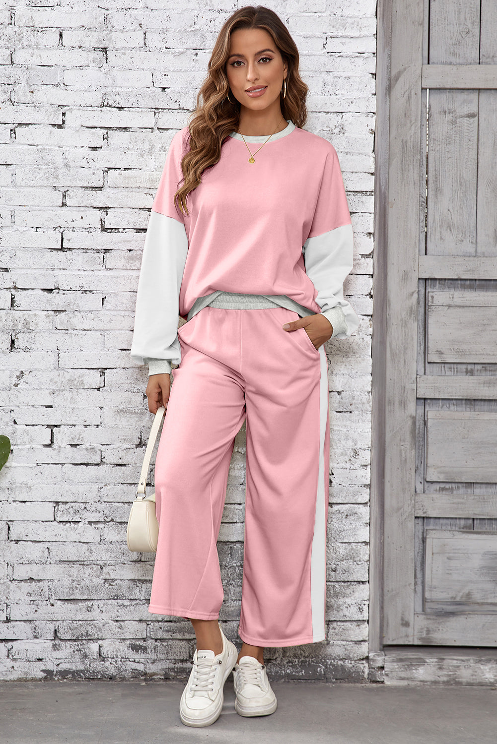 Rose Red 2pcs Color Block Pullover Loose Pant Set
