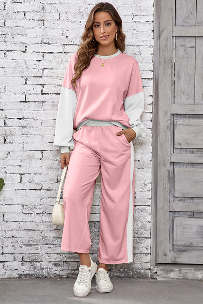 Rose Red 2pcs Color Block Pullover Loose Pant Set