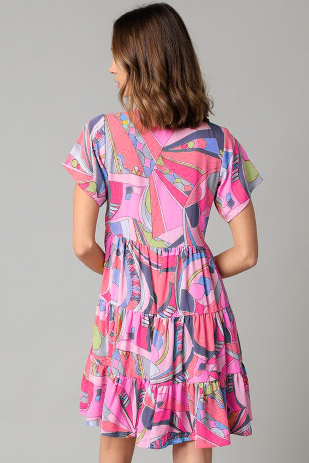 Multicolor Geometric Abstract Print Long Sleeve Shirt Dress - L & M Kee, LLC