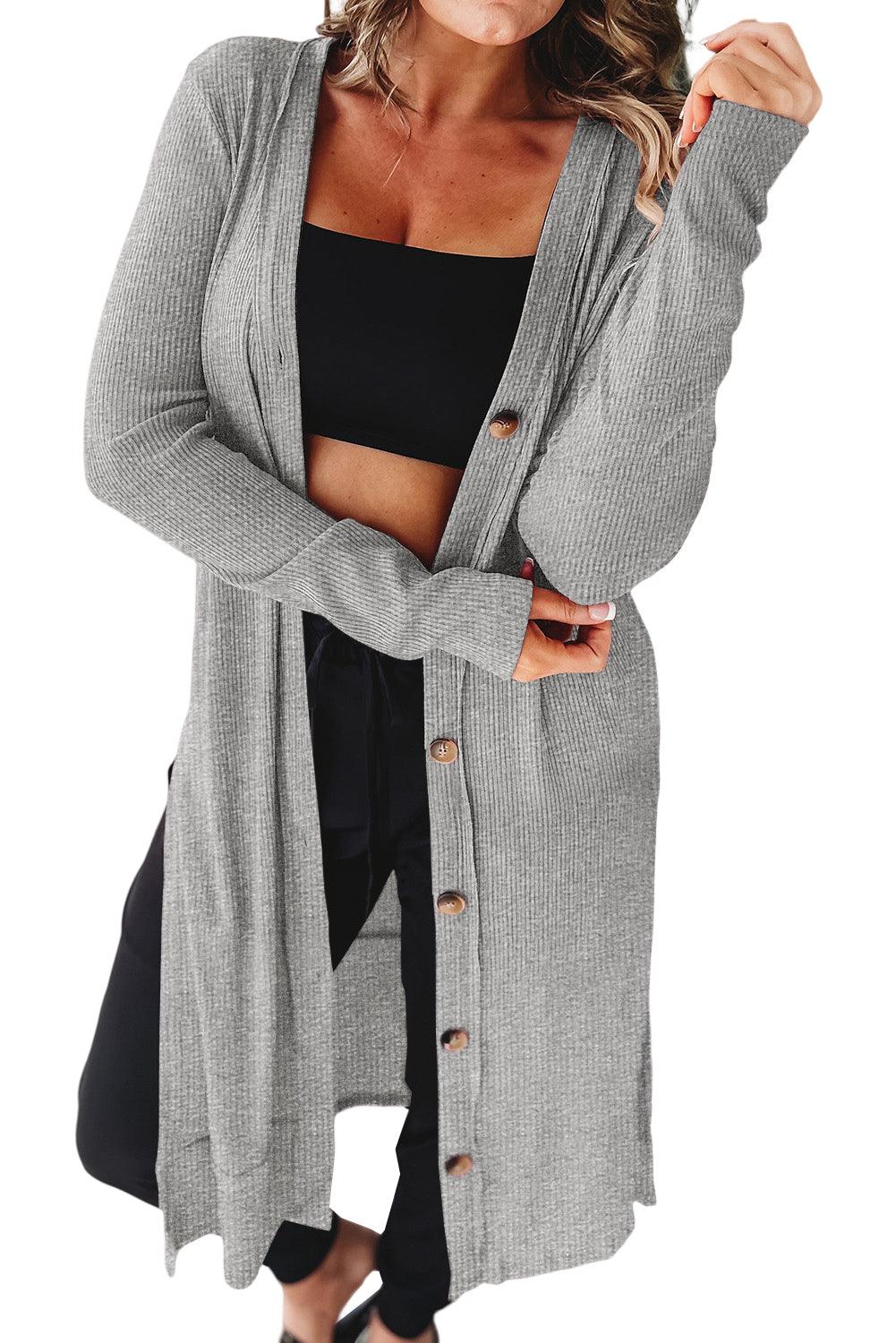 Gray Ribbed Button-Up Split Duster Cardigan - L & M Kee, LLC