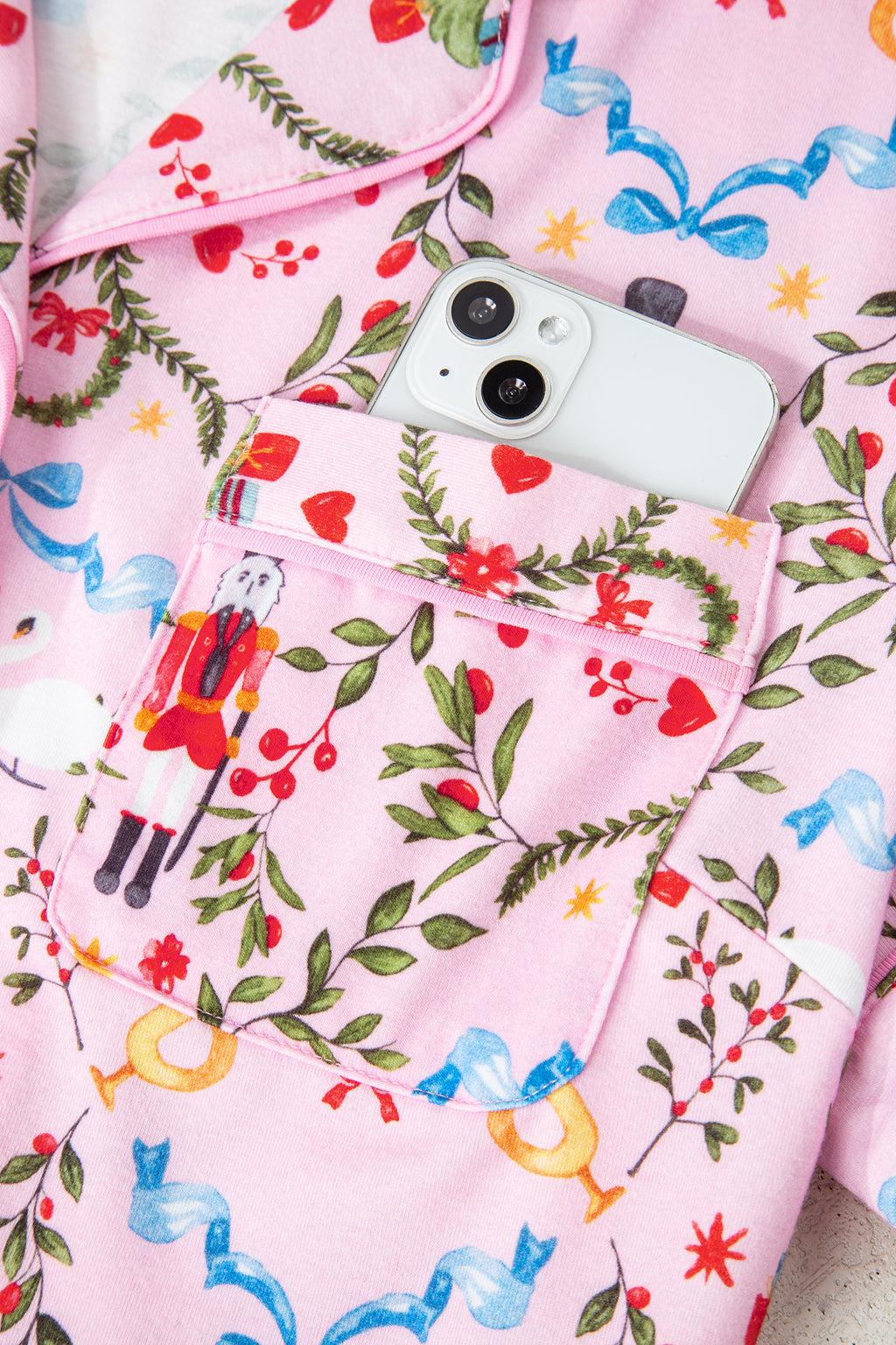 Pink Nutcracker Doll Christmas Print Ribbon Tie Waist Short 2pcs Pajama Set