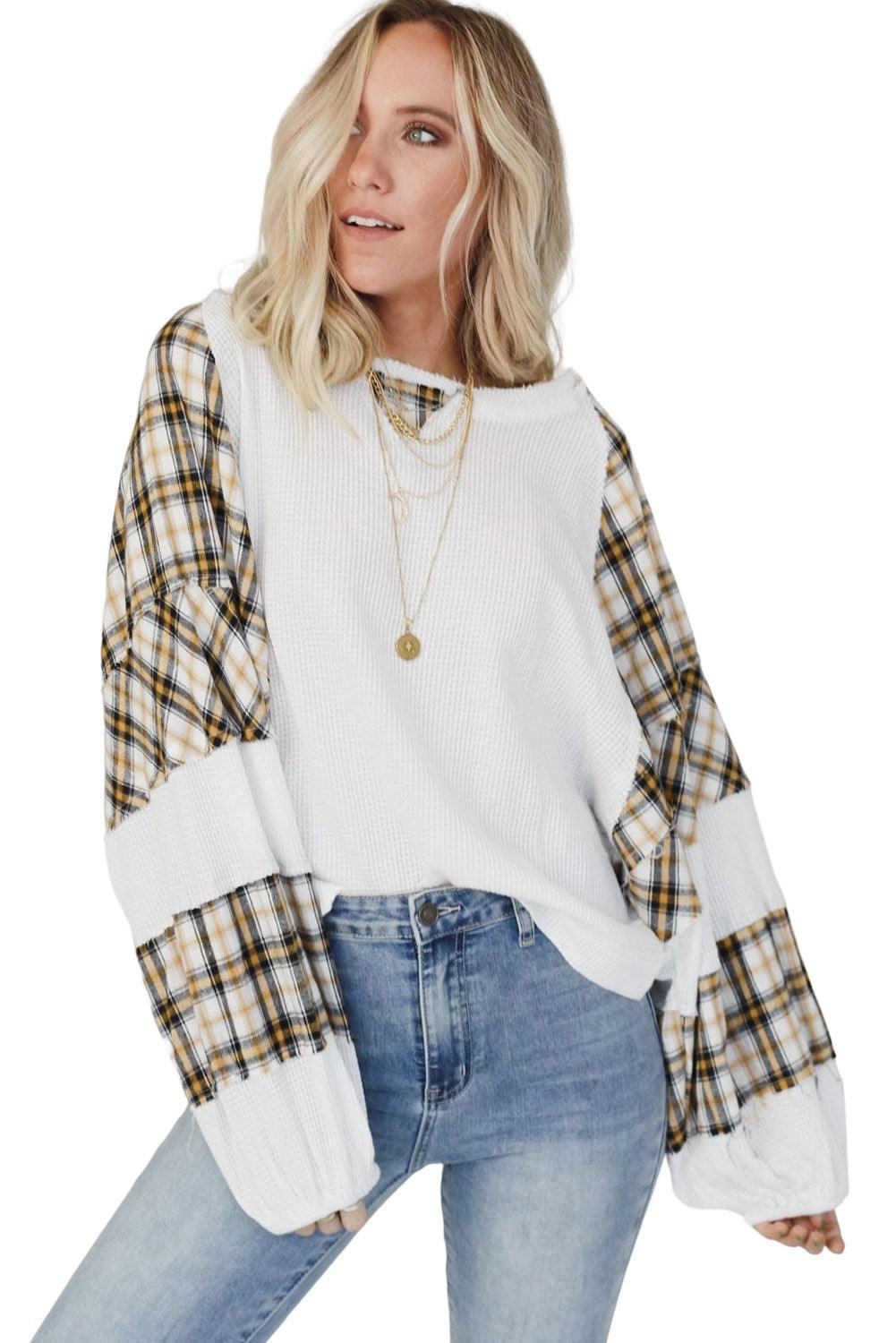 Green Plaid Patch Waffle Knit Exposed Seam Bubble Sleeve Top - L & M Kee, LLC